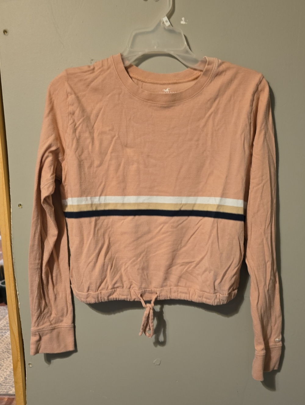 Hollister Peach Long-Sleeve Cropped Tee with Navy & White Stripes